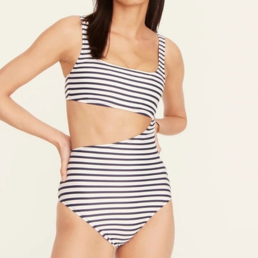 NWT J. Crew Swimsuit Women's 12 Navy White Stripe Cutout One-Piece